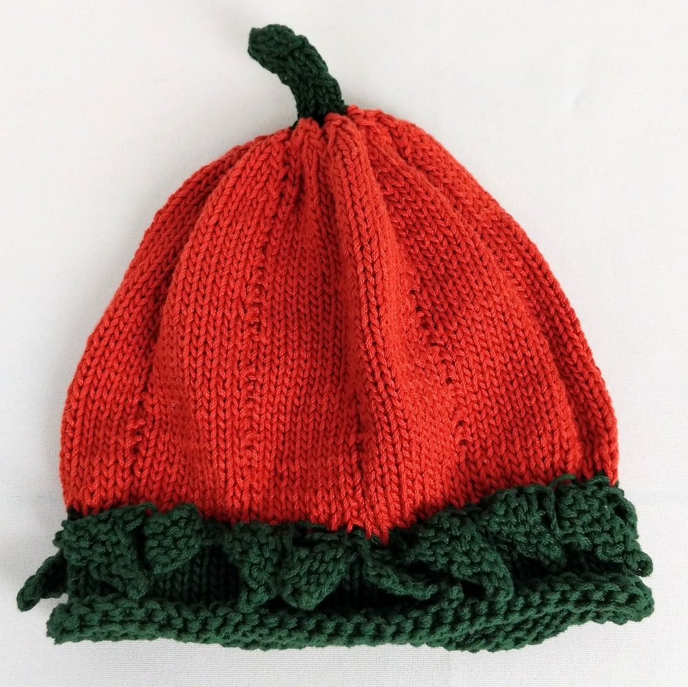 Kid's Hand Knit Hat Pumpkin Fairycore Halloween Stretchy Orange Green Naturecore